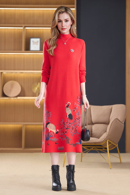 Women's Turtleneck Sweater Long Sleeve Red Dress