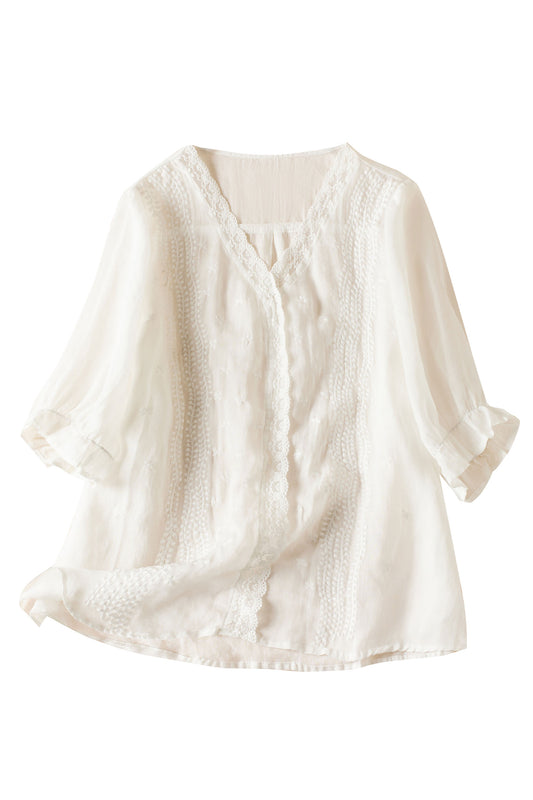 V Neck Embroidered Print Lace Trim Tunic Shirt Top