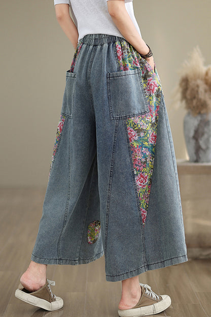 Women's Loose Elastic Waist Wide Leg Denim Pants With Double Pockets