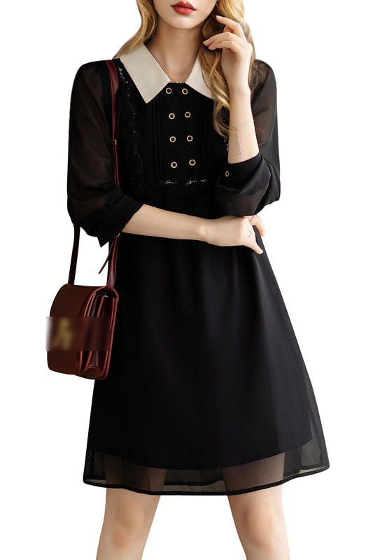 Women's chiffon Elegant V-Neck  Casual Mini Black Dress