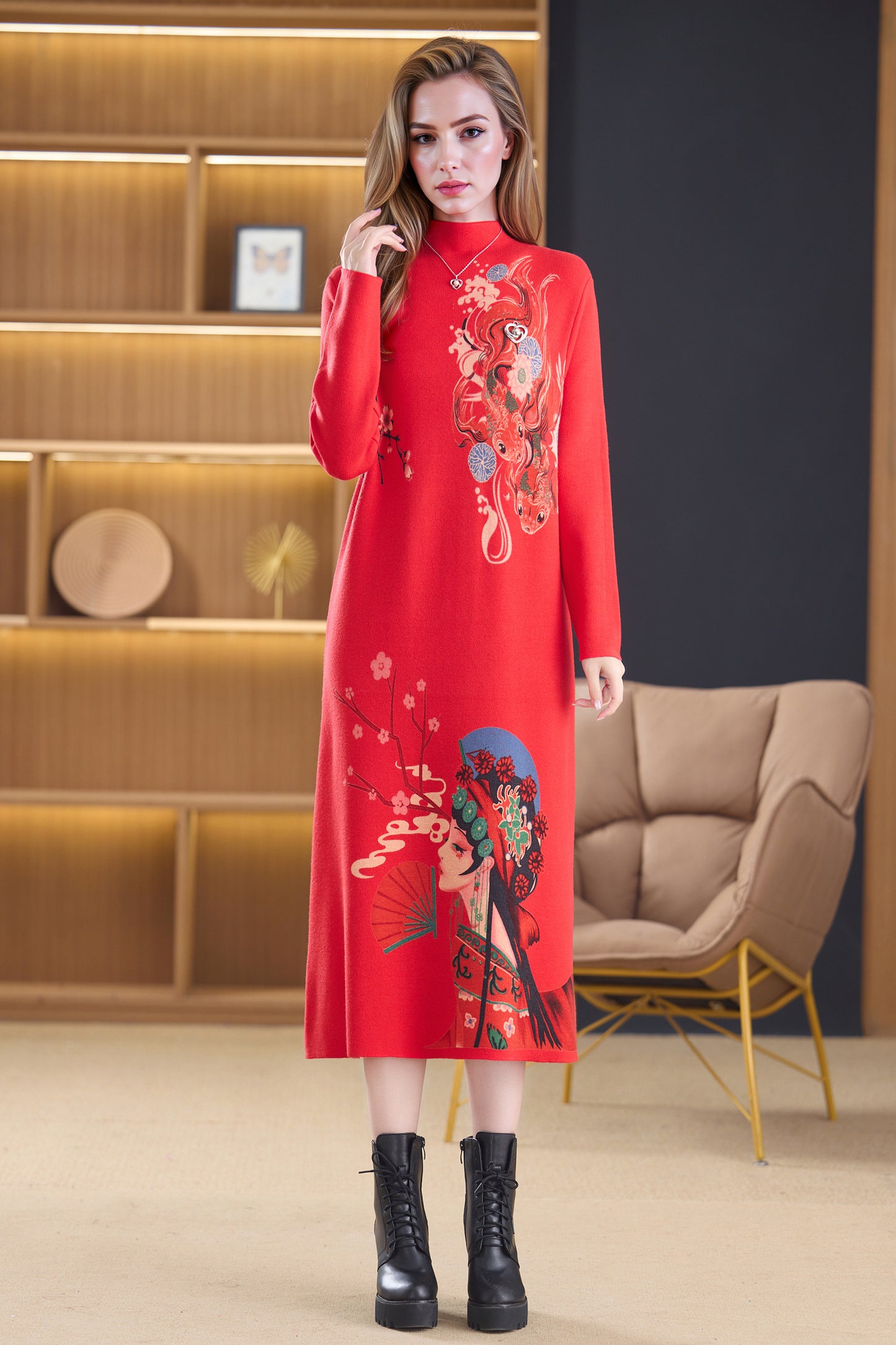 Women's Turtleneck Sweater Long Sleeve Red Dress