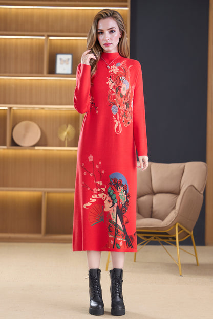 Women's Turtleneck Sweater Long Sleeve Red Dress