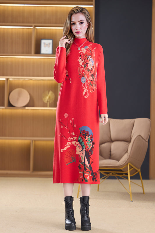 Women's Turtleneck Sweater Long Sleeve Red Dress