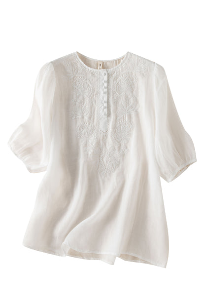 Women's Linen Tunic Shirt Embroidery Blouse Top