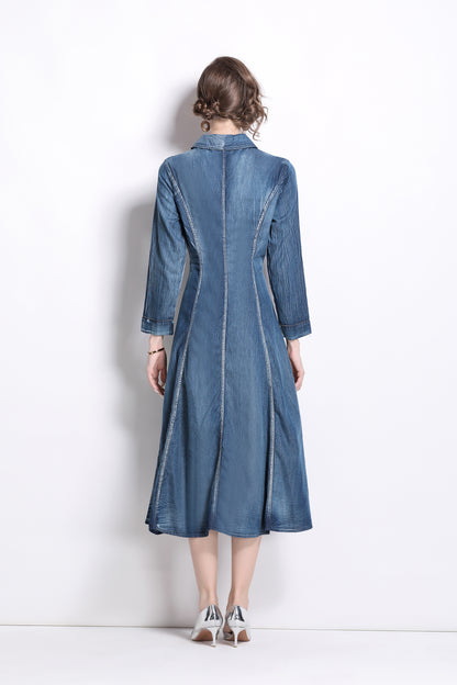 Women's vintage embroidered pocket denim midi dress