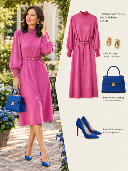Elegant Mock Neck Knit Midi Dress: Lantern Sleeves & Belted Waist