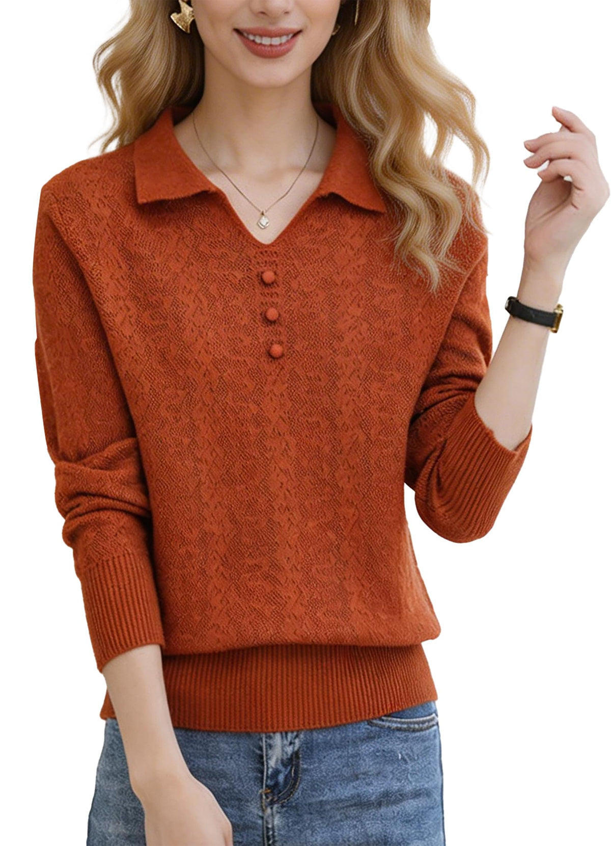 Women's Pink Polo Knit Top — V-Neck & Long Sleeve Ribbet Knitted