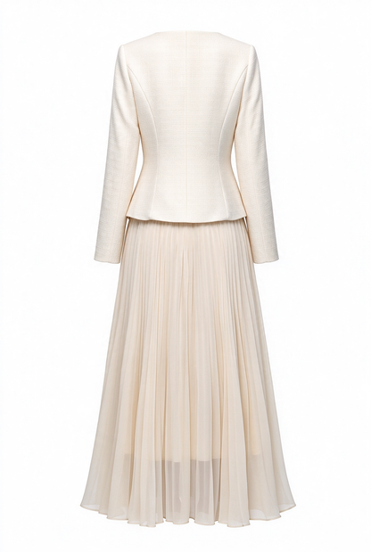 28730 Elegant Two-Piece Pleated Maxi Skirt Set – Pink, Beige & Black