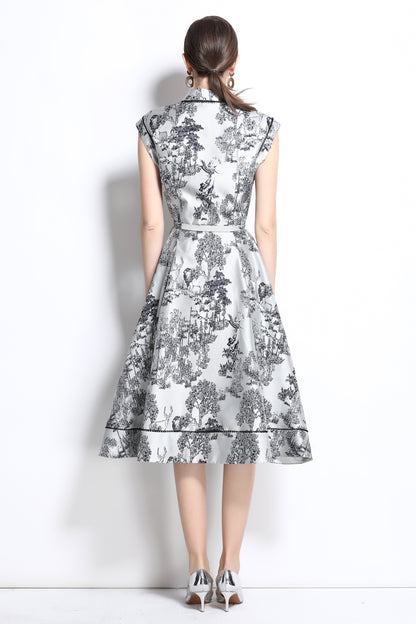 Women's Jacquard Cap Sleeve Button Rockabilly Dress