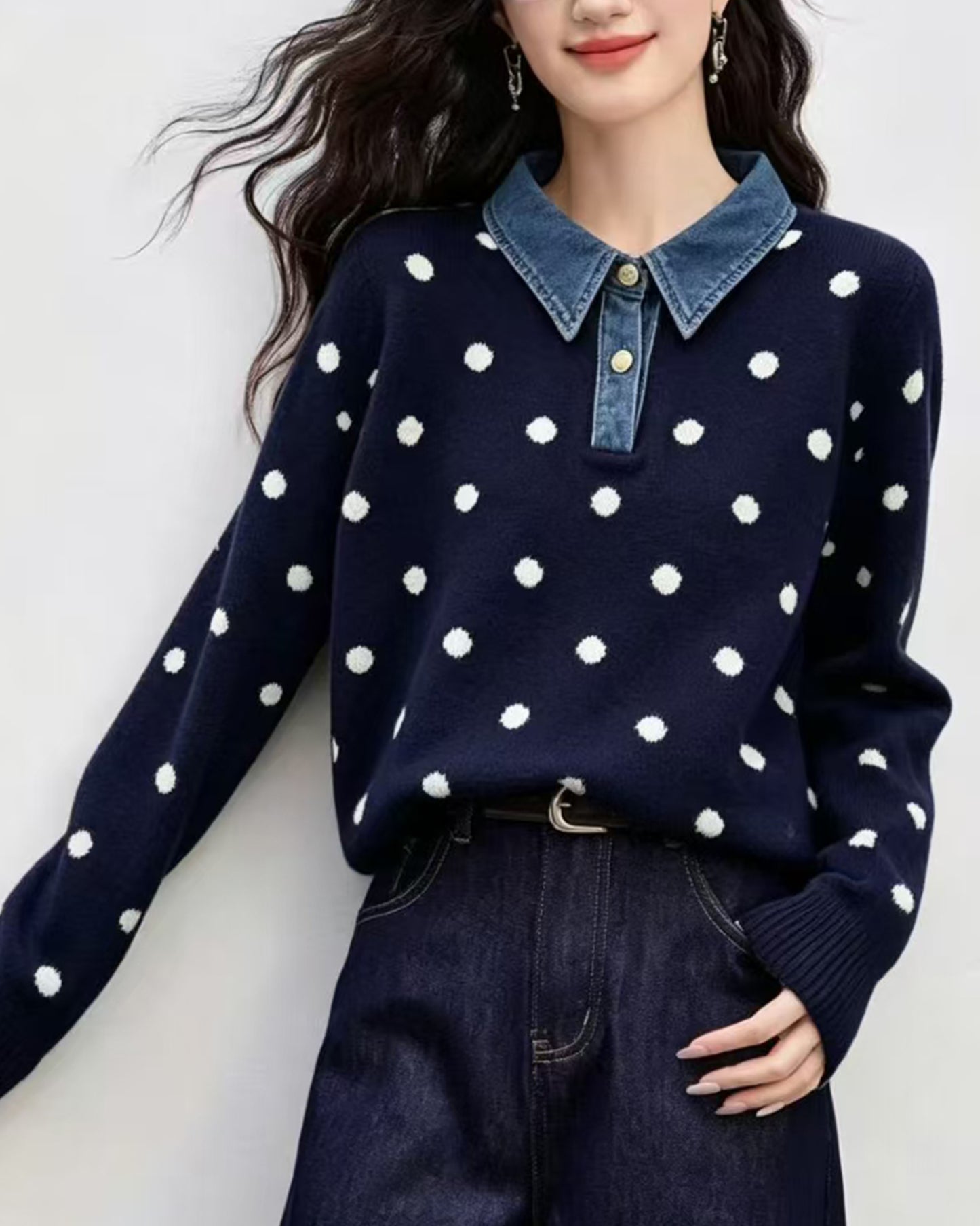 Polka Dot Knit Top with Denim Collar