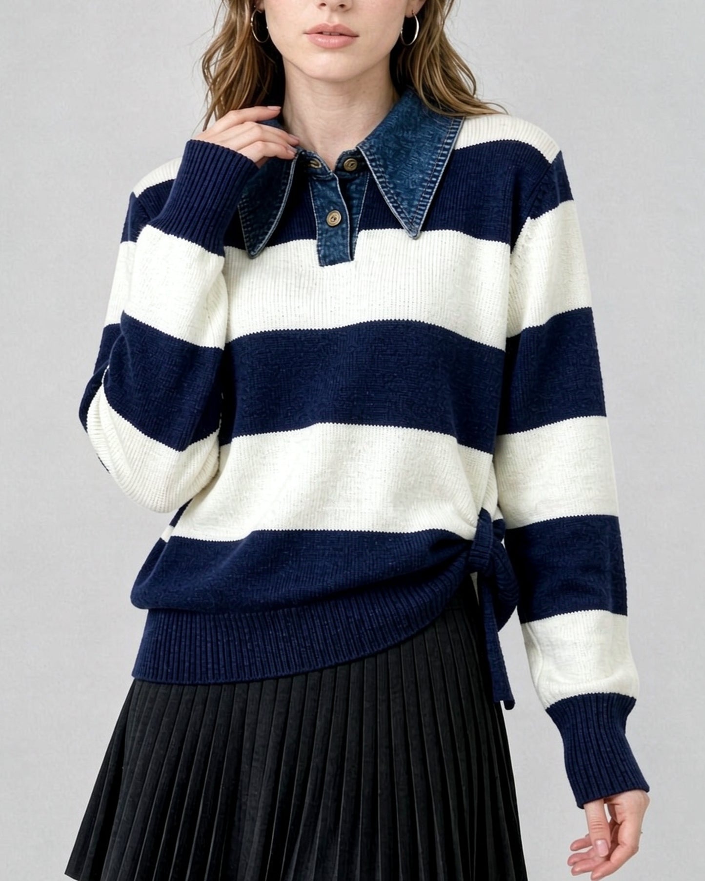 Striped Casual Knit Sweater with Denim Collar