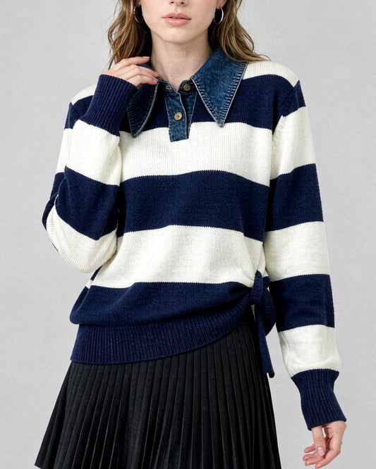 Striped Casual Knit Sweater with Denim Collar - LAI MENG FIVE CATS