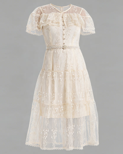 LAI MENG FIVE CATS Ivory Lace Embroidery Dress with Pearl Belt