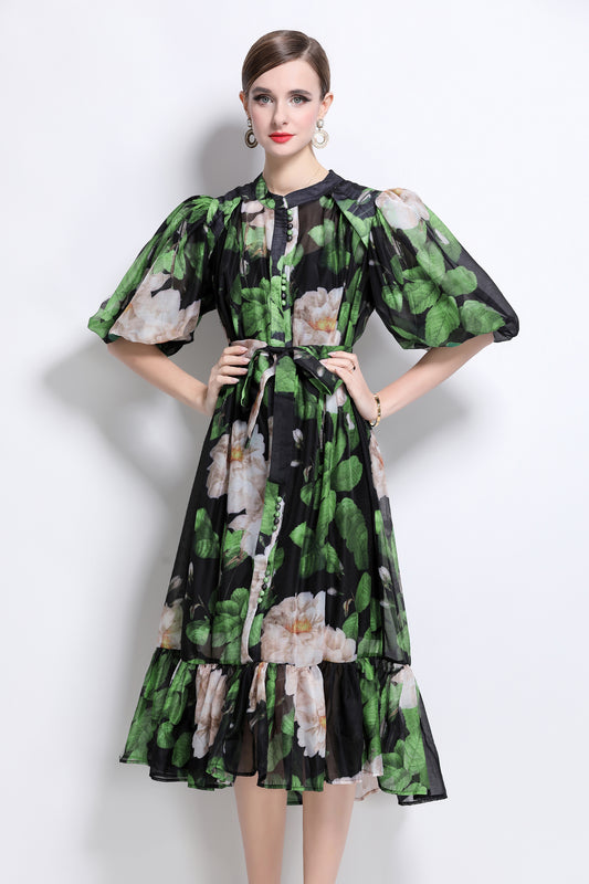 Women's Floral Print Puff Sleeve Fishtail Midi Dress