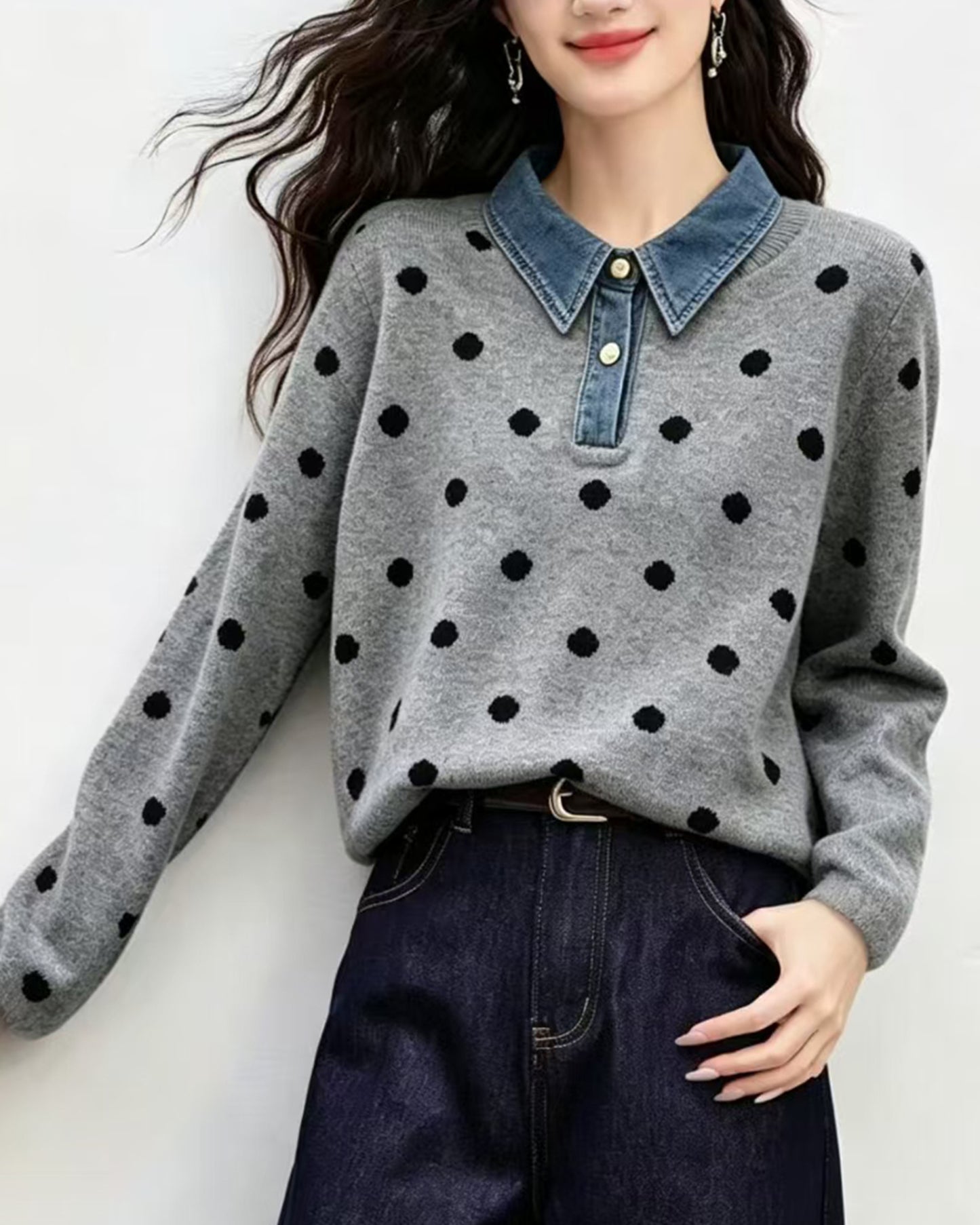 Polka Dot Knit Top with Denim Collar