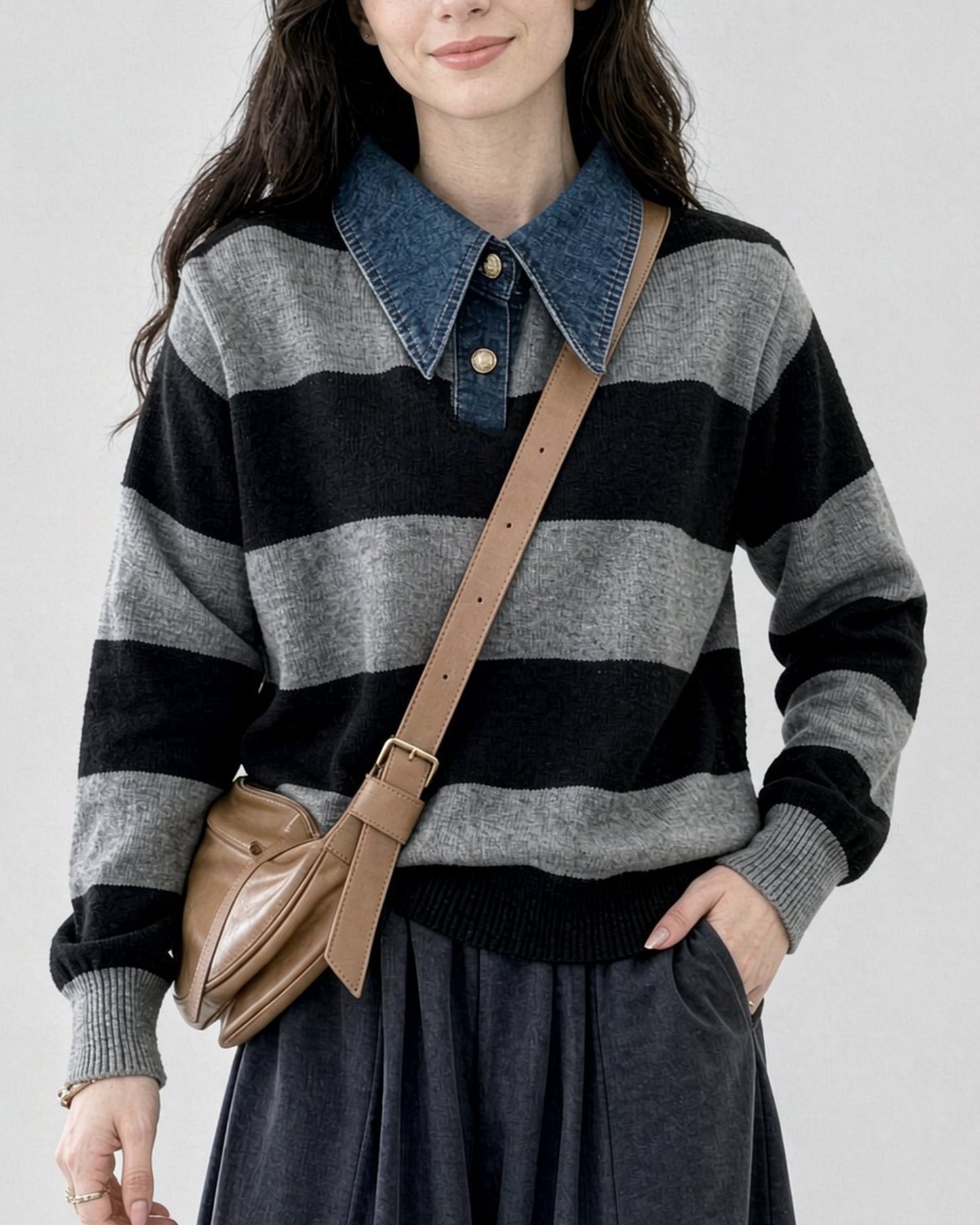Striped Casual Knit Sweater with Denim Collar