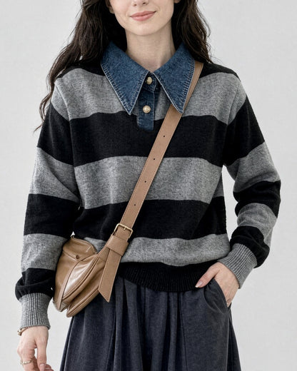 Striped Casual Knit Sweater with Denim Collar