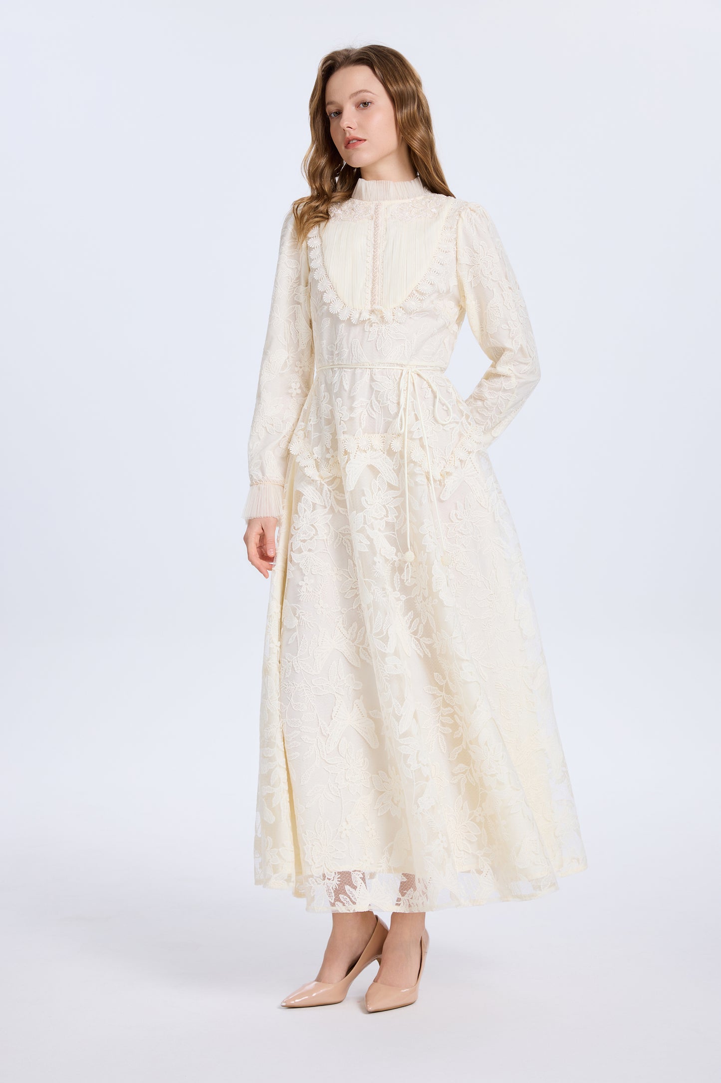Elegant Embroidered Mesh Bead Trim Maxi Dress