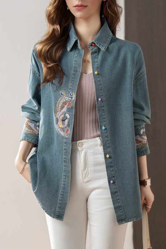 Womens Denim Coat Embroidered Jeans Jacket