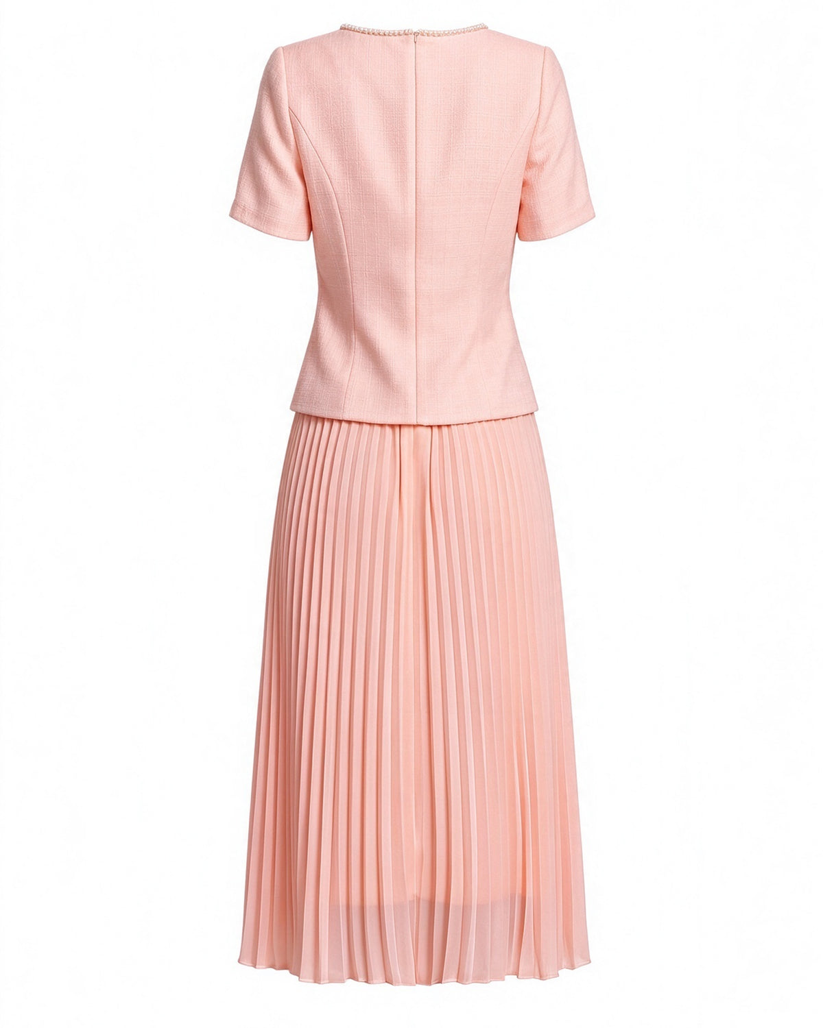 28664-Pearl-Trim Long Sleeve Elegant Pleated Skirt Set