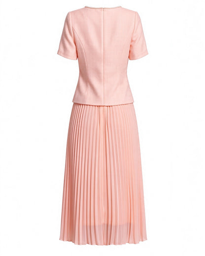28664-Pearl-Trim Long Sleeve Elegant Pleated Skirt Set