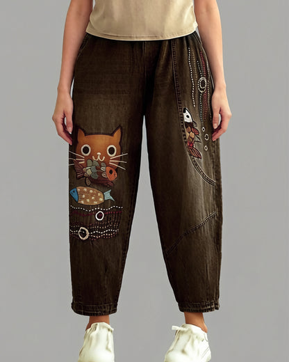 Casual Jeans Denim Loose Pants Elastic Waist with Pocket