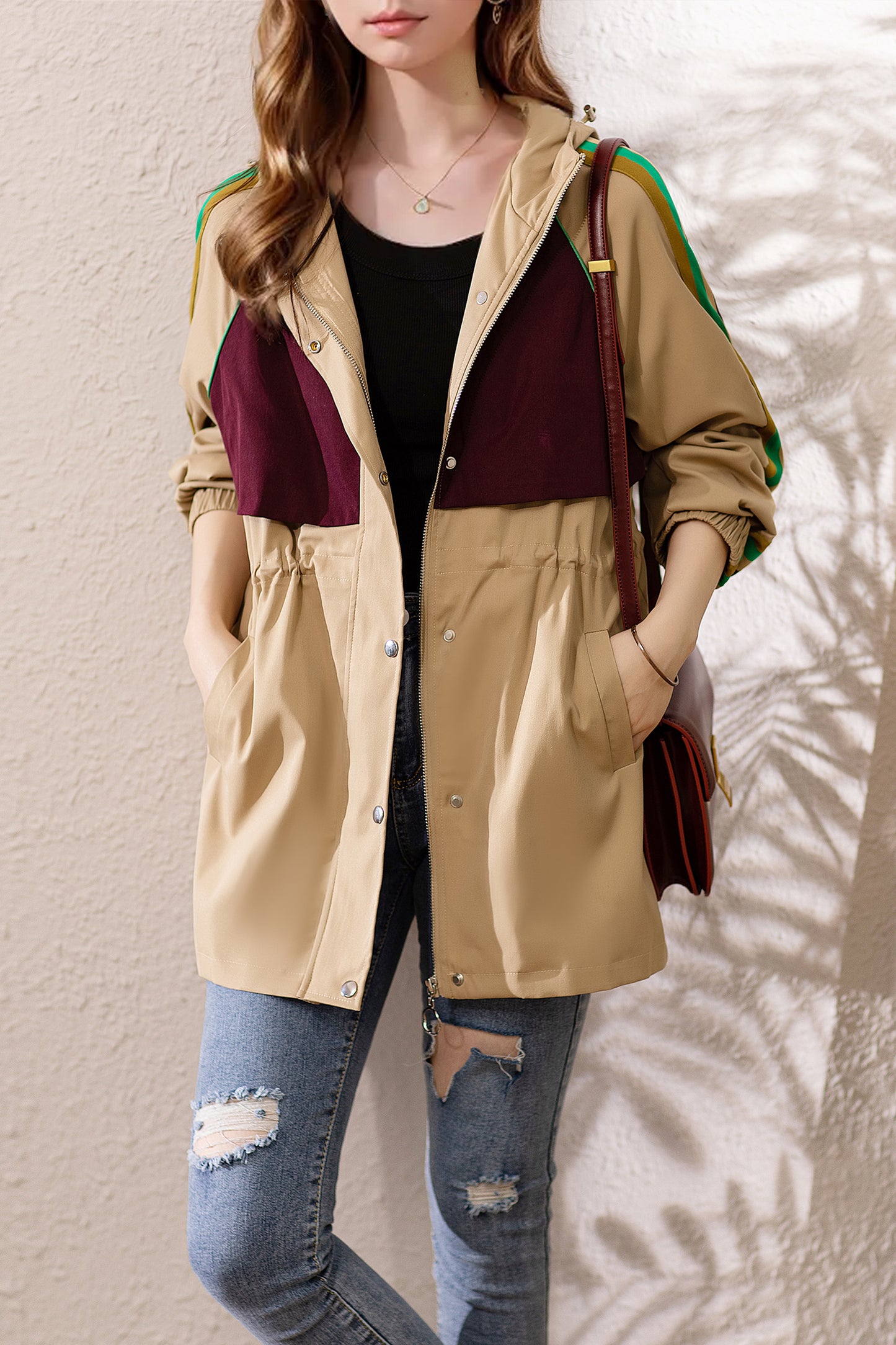 Women's Trench Coat Zip Up Hooded Jacket Outwear with Pockets