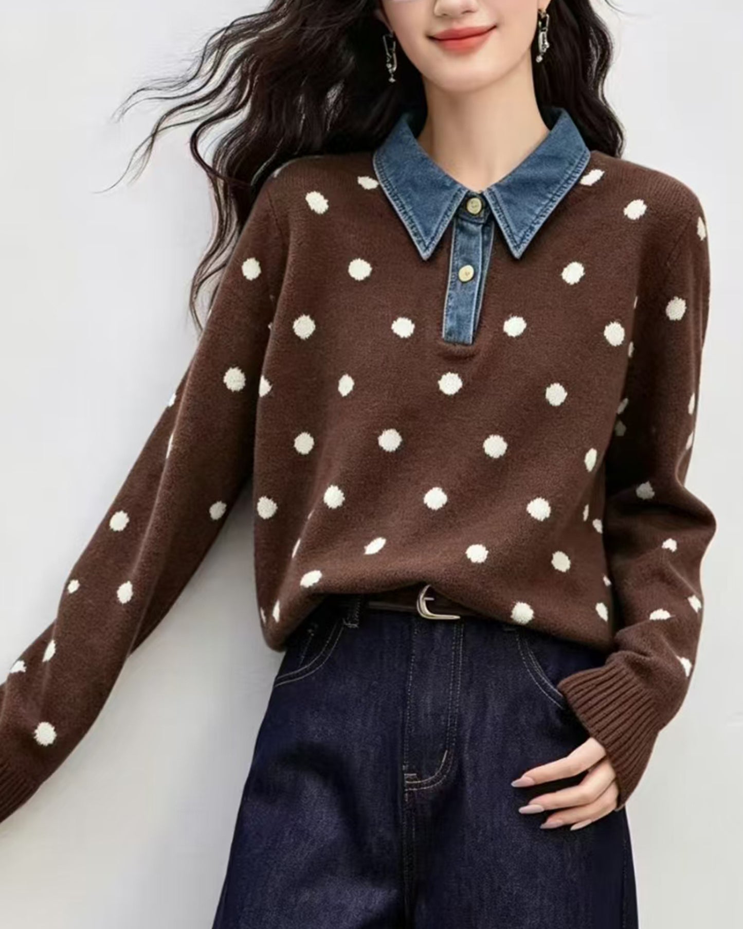 Polka Dot Knit Top with Denim Collar
