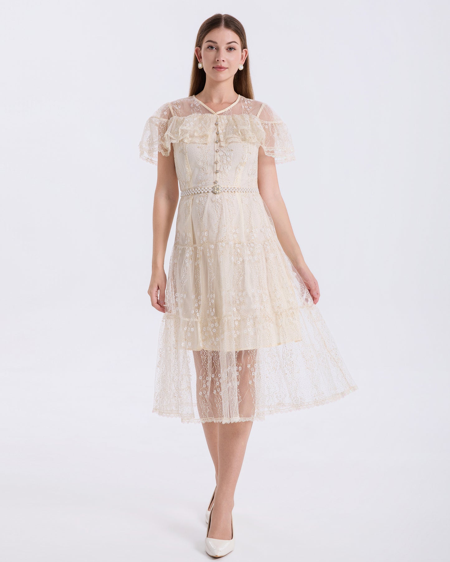 LAI MENG FIVE CATS Ivory Lace Embroidery Dress with Pearl Belt