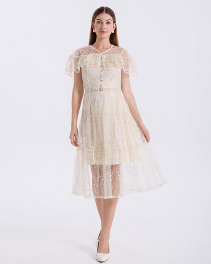 LAI MENG FIVE CATS Ivory Lace Embroidery Dress with Pearl Belt