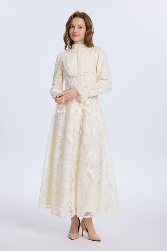 Elegant Embroidered Mesh Bead Trim Maxi Dress