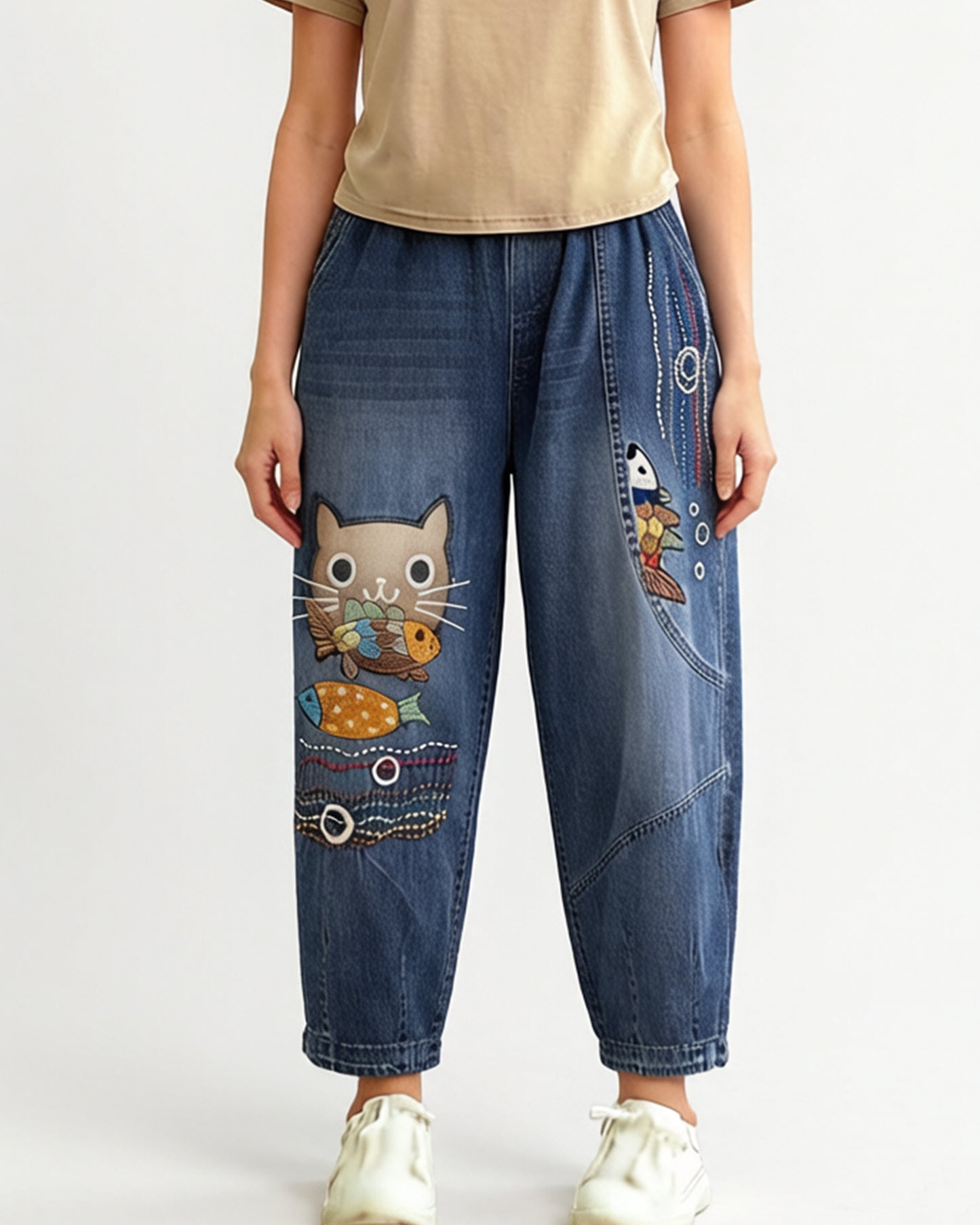 Casual Jeans Denim Loose Pants Elastic Waist with Pocket