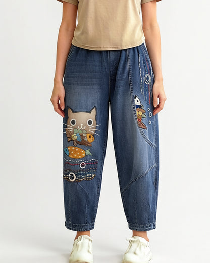 Casual Jeans Denim Loose Pants Elastic Waist with Pocket
