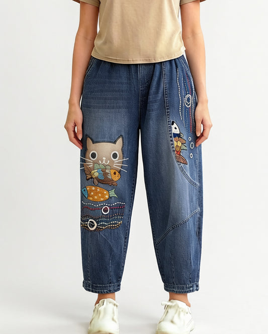 Casual Jeans Denim Loose Pants Elastic Waist with Pocket