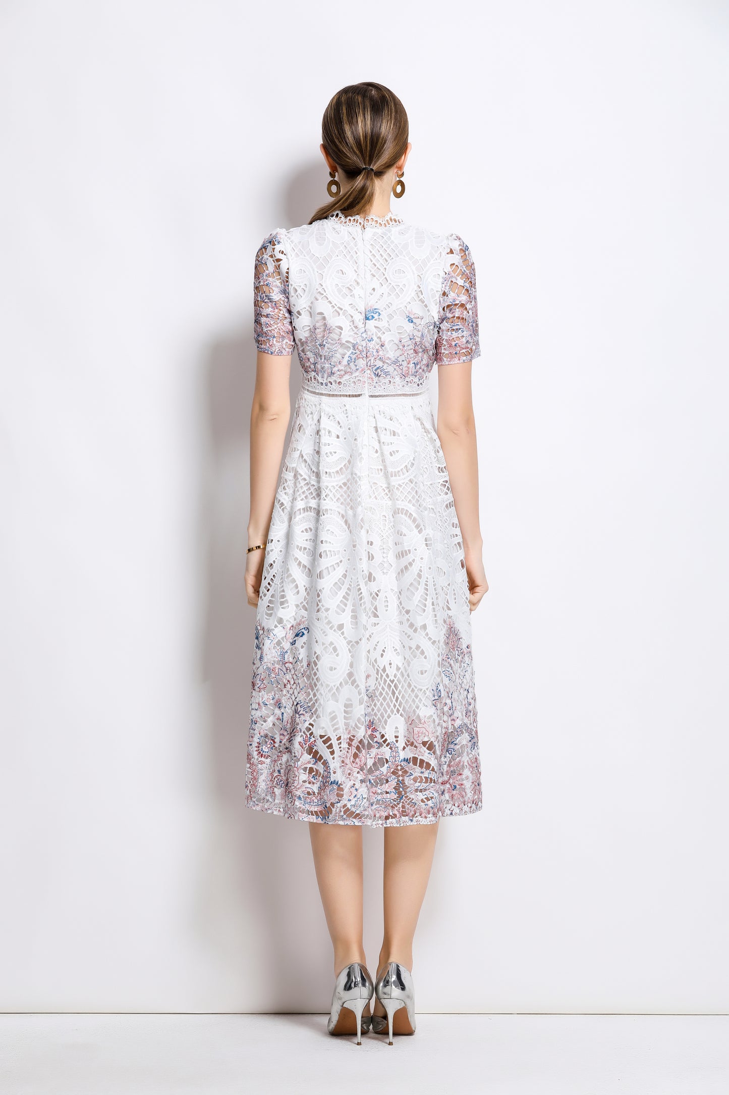 Women's Lace Floral Short Sleeve Midi Dress