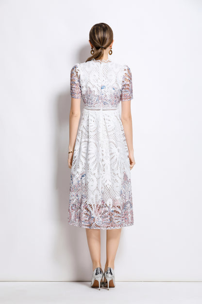 Women's Lace Floral Short Sleeve Midi Dress