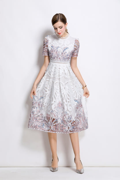 Women's Lace Floral Short Sleeve Midi Dress