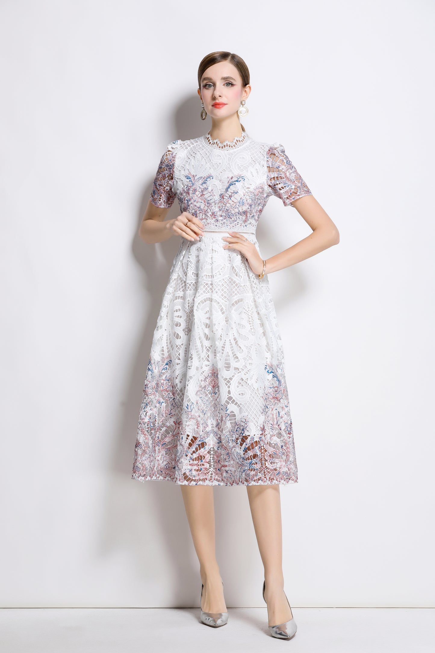 Women's Lace Floral Short Sleeve Midi Dress