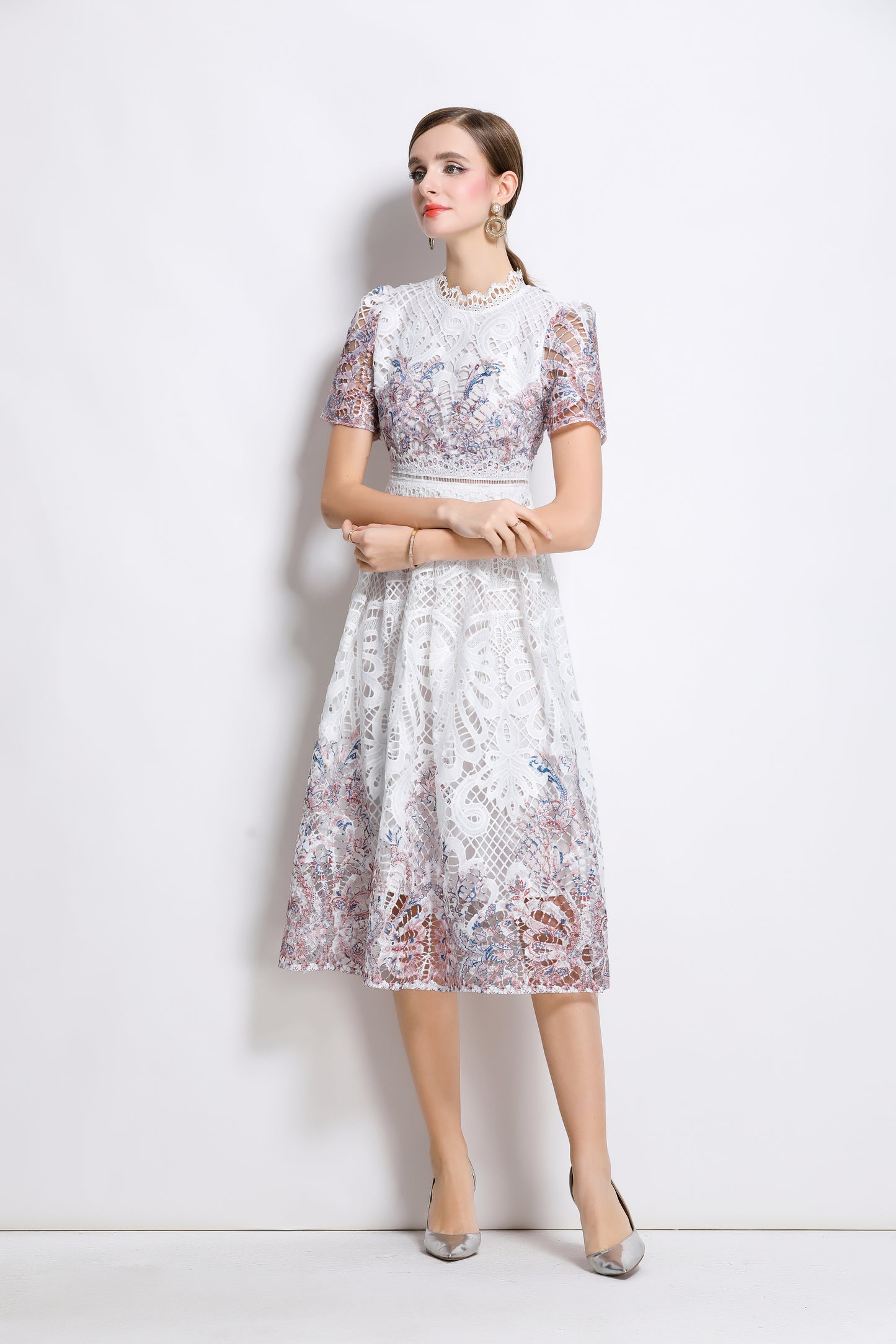 Women's Lace Floral Short Sleeve Midi Dress
