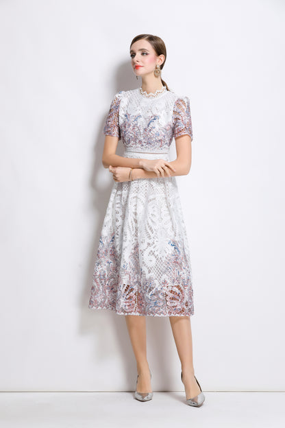 Women's Lace Floral Short Sleeve Midi Dress