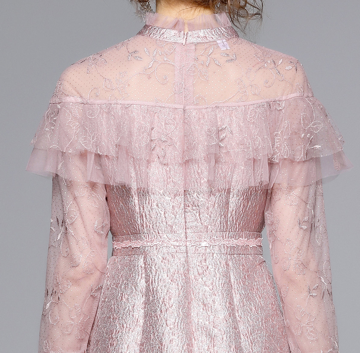 Pink Lace Ruffle Tie-Neck Mini Dress - LAI MENG FIVE CATS
