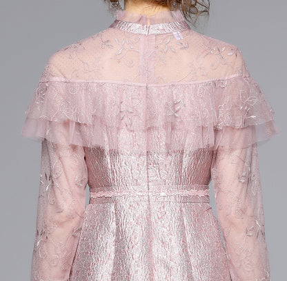 Pink Lace Ruffle Tie-Neck Mini Dress - LAI MENG FIVE CATS