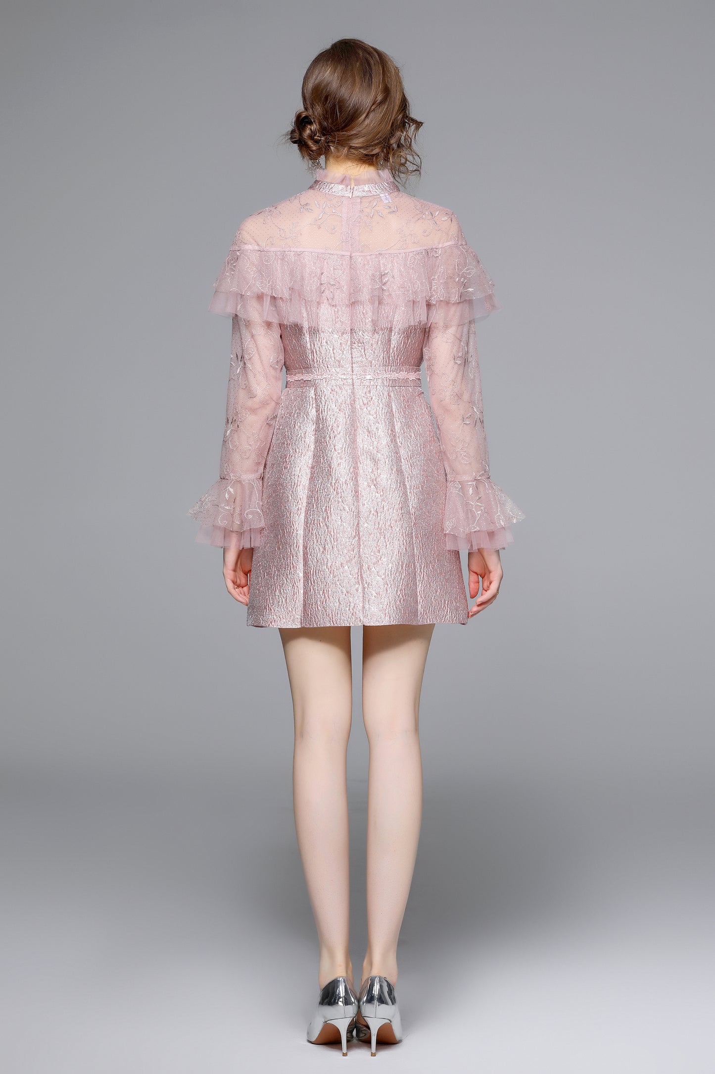 Pink Lace Ruffle Tie-Neck Mini Dress - LAI MENG FIVE CATS