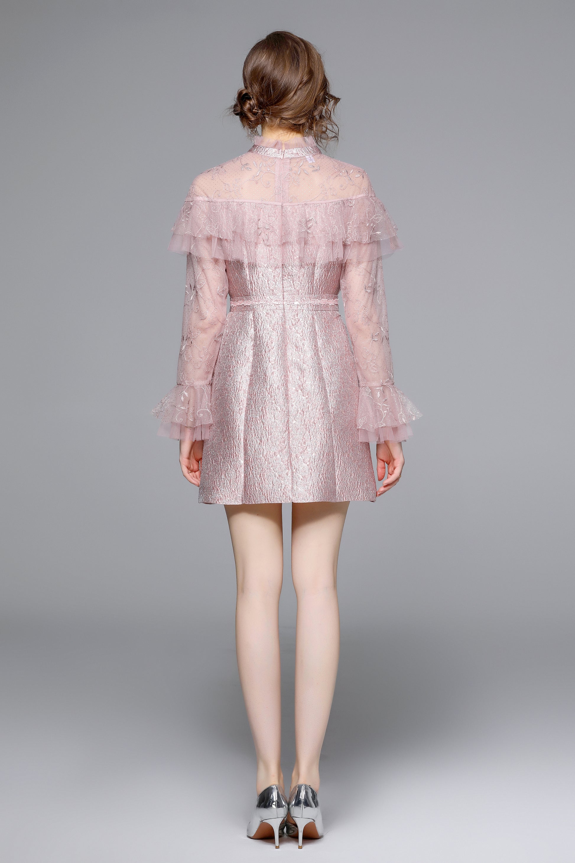 Pink Lace Ruffle Tie-Neck Mini Dress - LAI MENG FIVE CATS