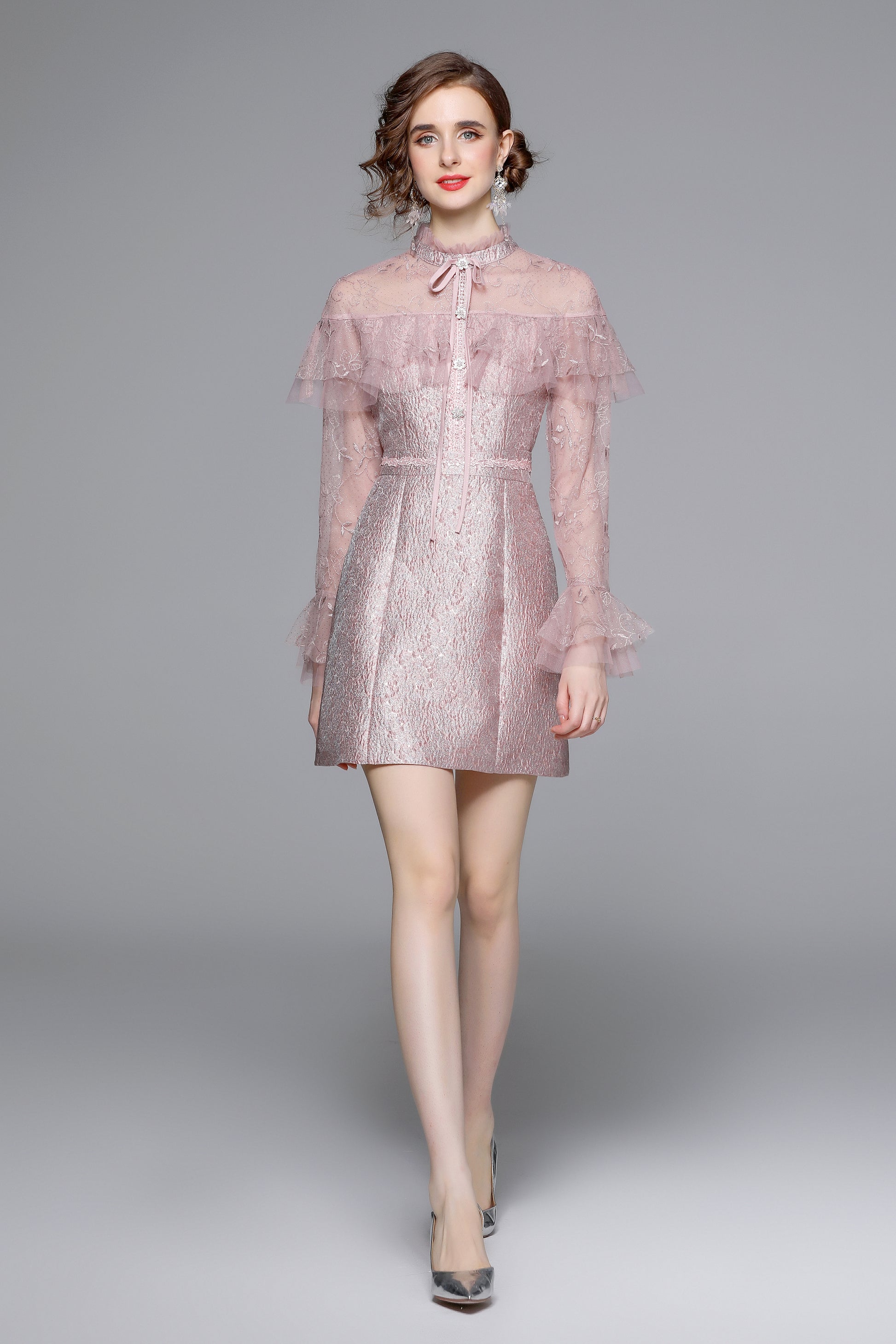 Pink Lace Ruffle Tie-Neck Mini Dress - LAI MENG FIVE CATS