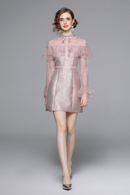 Pink Lace Ruffle Tie-Neck Mini Dress - LAI MENG FIVE CATS