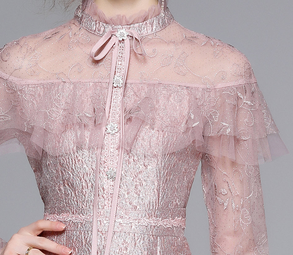 Pink Lace Ruffle Tie-Neck Mini Dress - LAI MENG FIVE CATS