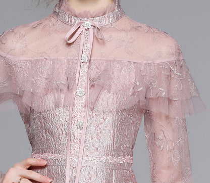 Pink Lace Ruffle Tie-Neck Mini Dress - LAI MENG FIVE CATS