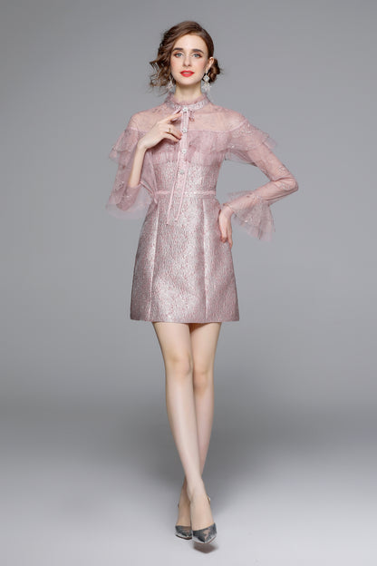 Pink Lace Ruffle Tie-Neck Mini Dress - LAI MENG FIVE CATS