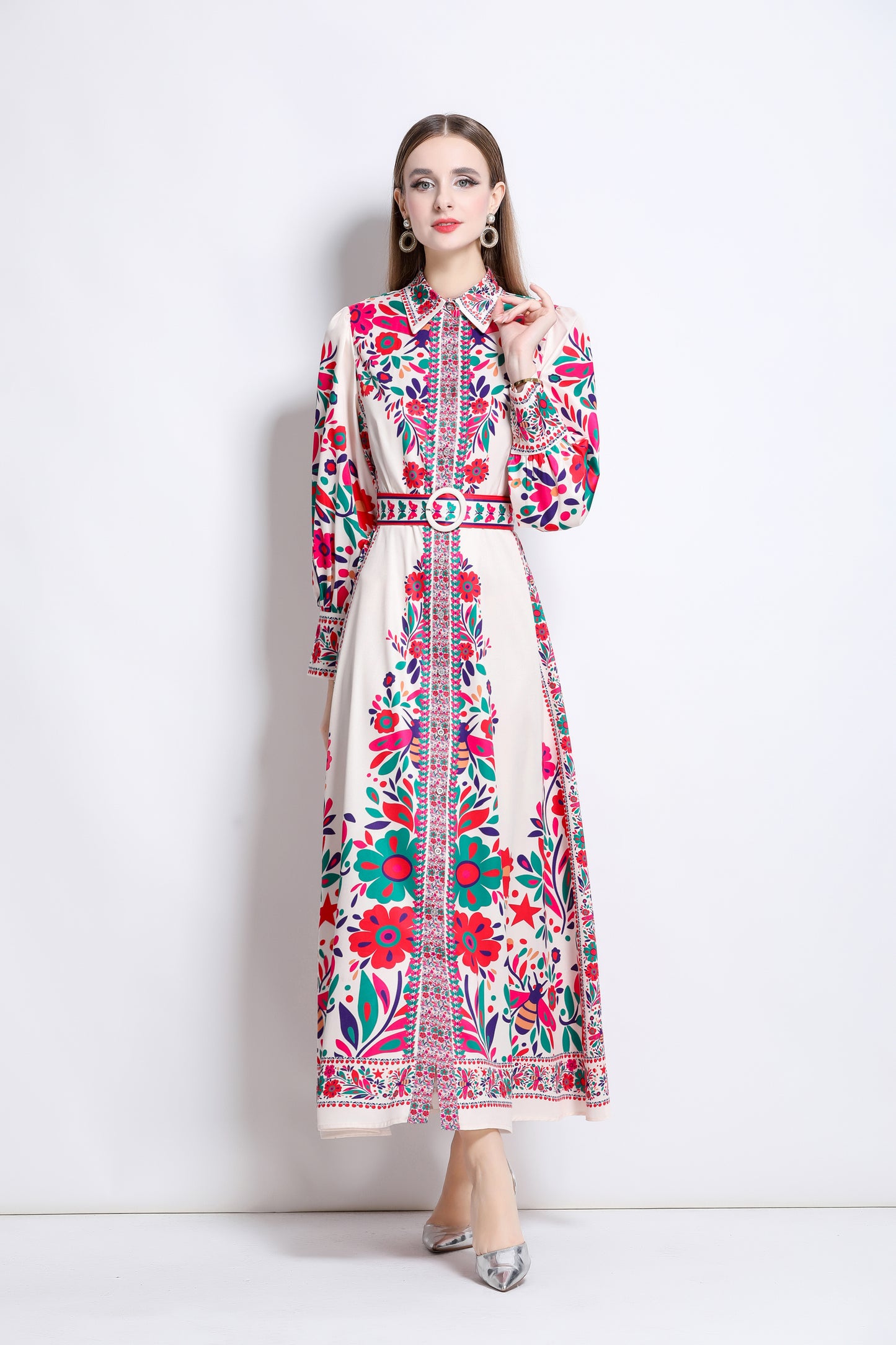 Women's Floral Print Button Split Maxi Dress